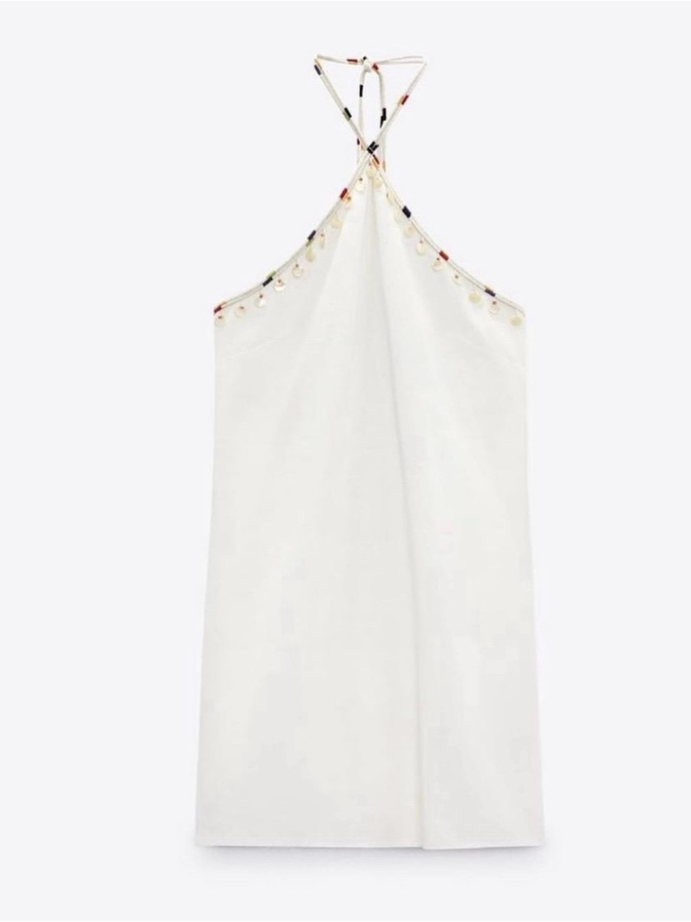 NWT Zara White Linen Halter Mini Dress with Beaded Shell/Coin Accents. Size Smal - Picture 8 of 14